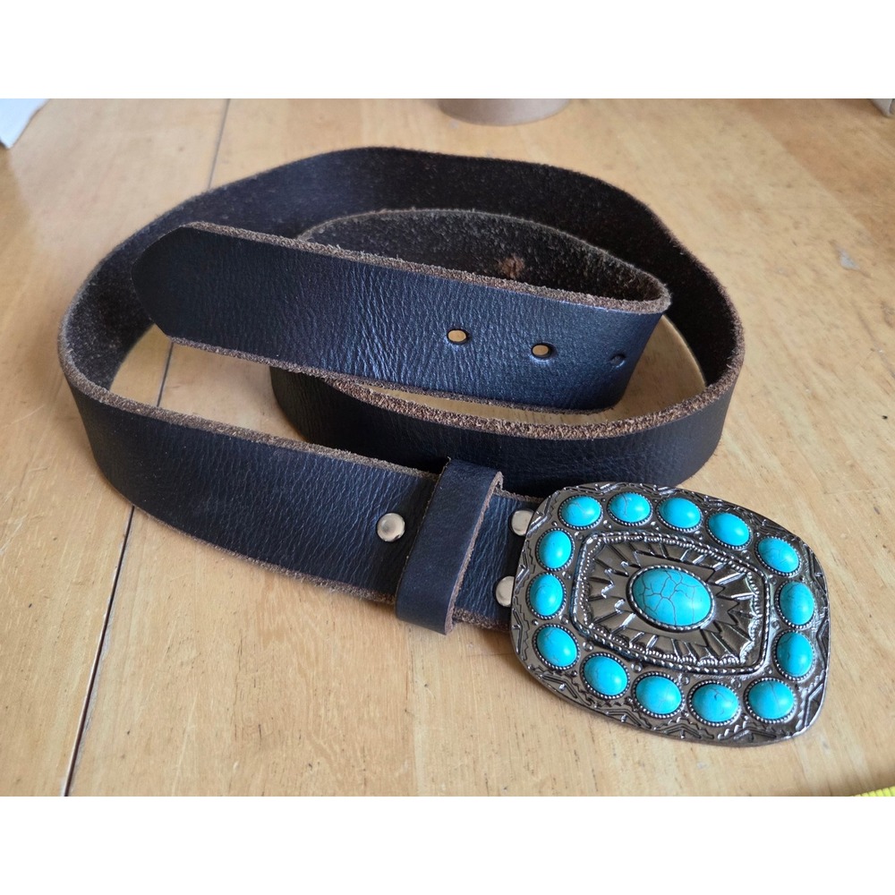 Nocona Black Leather Western Belt Custom Faux Turquoise Buckle Bohemian Large